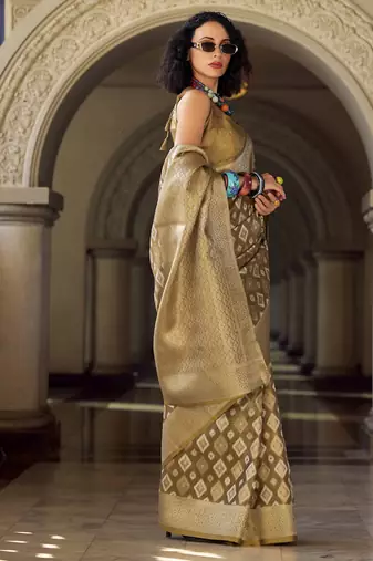 Beige tissue Art silk with zari weaving wedding wear saree