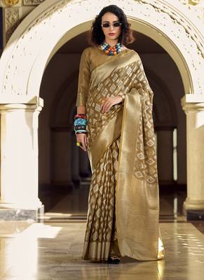 Beige tissue Art silk with zari weaving wedding wear saree 3