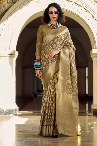 Beige tissue Art silk with zari weaving wedding wear saree