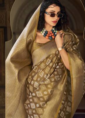 Beige tissue Art silk with zari weaving wedding wear saree 4