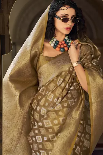 Beige tissue Art silk with zari weaving wedding wear saree
