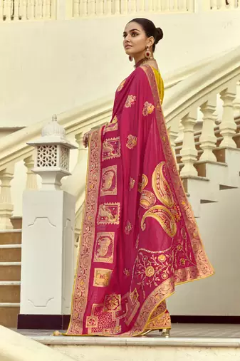 Red dola silk heavy zari weaving cut dana work and designer contrast blouse wedding sarees