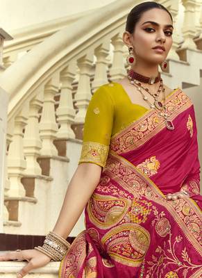 Red dola silk heavy zari weaving cut dana work and designer contrast blouse wedding sarees 2