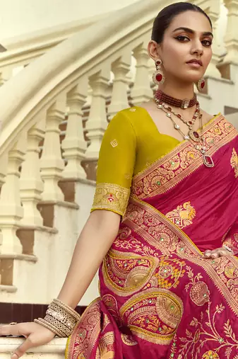 Red dola silk heavy zari weaving cut dana work and designer contrast blouse wedding sarees