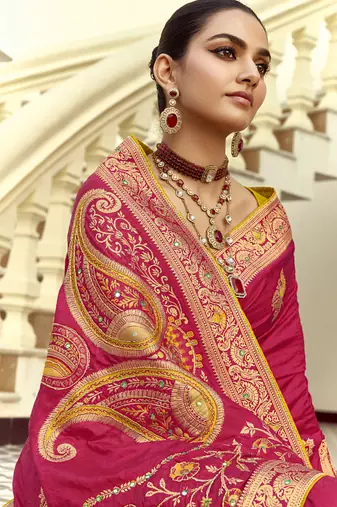 Red dola silk heavy zari weaving cut dana work and designer contrast blouse wedding sarees