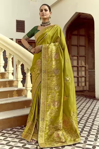 Mehendi dola silk heavy zari weaving cut dana work and designer contrast blouse wedding sarees