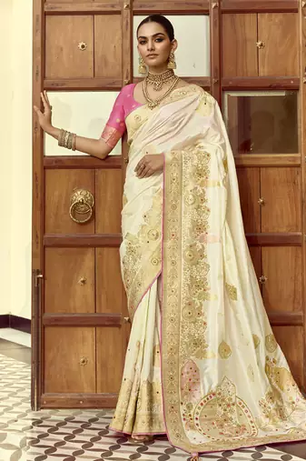 White dola silk heavy zari weaving cut dana work and designer contrast blouse wedding sarees