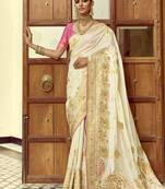 White dola silk heavy zari weaving cut dana work and designer contrast blouse wedding sarees