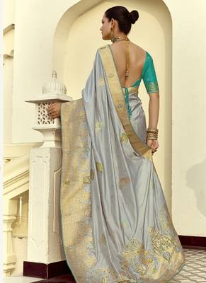 Light gray dola silk heavy zari weaving cut dana work and designer contrast blouse wedding sarees 2