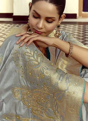 Light gray dola silk heavy zari weaving cut dana work and designer contrast blouse wedding sarees 3