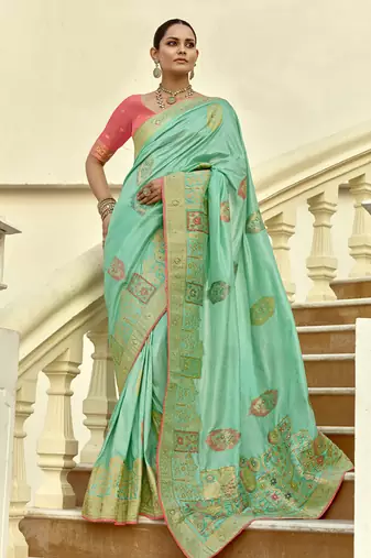 Pista dola silk heavy zari weaving cut dana work and designer contrast blouse wedding sarees