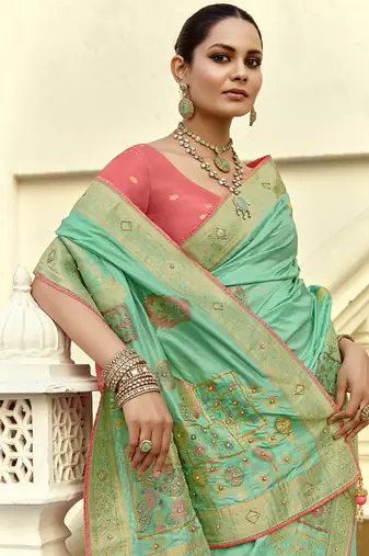 Pista dola silk heavy zari weaving cut dana work and designer contrast blouse wedding sarees