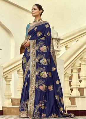 Navy blue dola silk heavy zari weaving cut dana work and designer contrast blouse wedding sarees 1