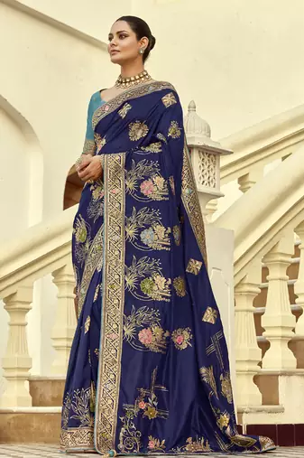Navy blue dola silk heavy zari weaving cut dana work and designer contrast blouse wedding sarees