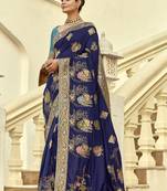 Navy blue dola silk heavy zari weaving cut dana work and designer contrast blouse wedding sarees