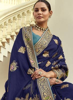 Navy blue dola silk heavy zari weaving cut dana work and designer contrast blouse wedding sarees 2