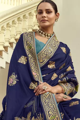 Navy blue dola silk heavy zari weaving cut dana work and designer contrast blouse wedding sarees