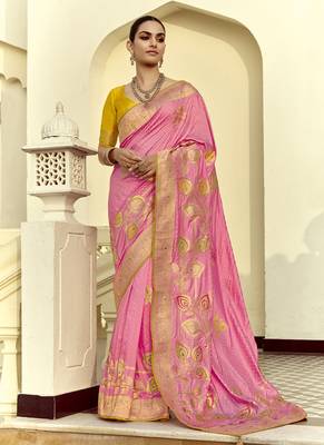 Pink dola silk heavy zari weaving cut dana work and designer contrast blouse wedding sarees 1