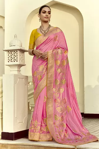 Pink dola silk heavy zari weaving cut dana work and designer contrast blouse wedding sarees