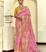 Pink dola silk heavy zari weaving cut dana work and designer contrast blouse wedding sarees