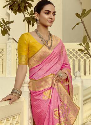 Pink dola silk heavy zari weaving cut dana work and designer contrast blouse wedding sarees 2