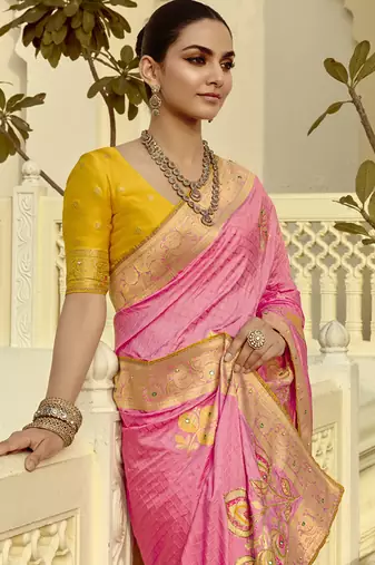 Pink dola silk heavy zari weaving cut dana work and designer contrast blouse wedding sarees