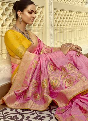 Pink dola silk heavy zari weaving cut dana work and designer contrast blouse wedding sarees 3