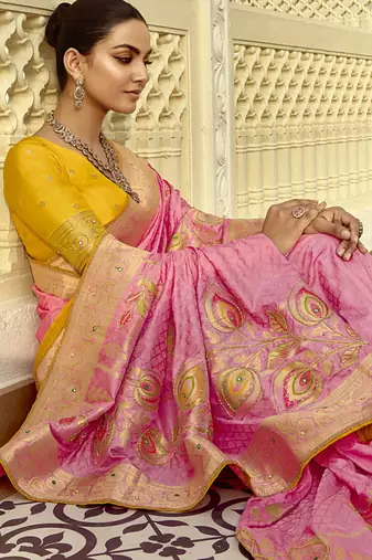 Pink dola silk heavy zari weaving cut dana work and designer contrast blouse wedding sarees