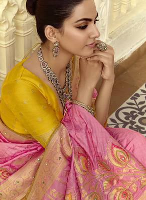 Pink dola silk heavy zari weaving cut dana work and designer contrast blouse wedding sarees 4