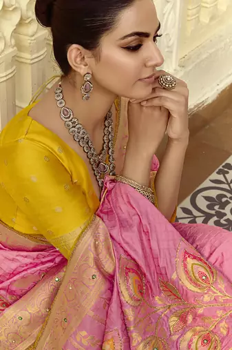 Pink dola silk heavy zari weaving cut dana work and designer contrast blouse wedding sarees