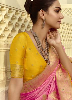 Pink dola silk heavy zari weaving cut dana work and designer contrast blouse wedding sarees 5