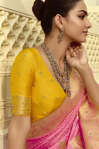 Pink dola silk heavy zari weaving cut dana work and designer contrast blouse wedding sarees