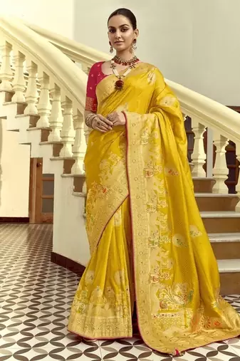 Yellow dola silk heavy zari weaving cut dana work and designer contrast blouse wedding sarees