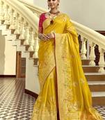 Yellow dola silk heavy zari weaving cut dana work and designer contrast blouse wedding sarees