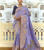 Lavender dola silk heavy zari weaving cut dana work and designer contrast blouse wedding sarees