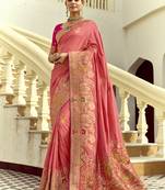 Salmon dola silk heavy zari weaving cut dana work and designer contrast blouse wedding sarees