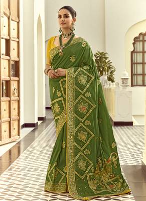 Green dola silk heavy zari weaving cut dana work and designer contrast blouse wedding sarees 1