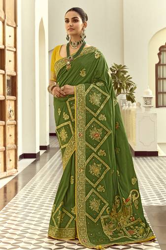 Green dola silk heavy zari weaving cut dana work and designer contrast blouse wedding sarees