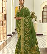 Green dola silk heavy zari weaving cut dana work and designer contrast blouse wedding sarees
