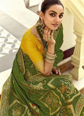 Green dola silk heavy zari weaving cut dana work and designer contrast blouse wedding sarees 2