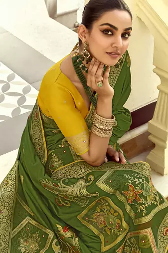Green dola silk heavy zari weaving cut dana work and designer contrast blouse wedding sarees