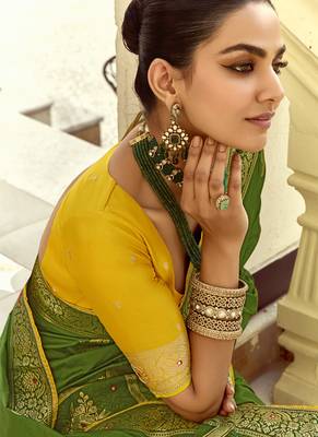 Green dola silk heavy zari weaving cut dana work and designer contrast blouse wedding sarees 3