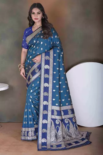  blue floral art silk printed saree comes with matching blouse