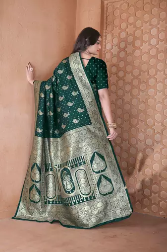  green traditional prints art silk woven saree comes with matching blouse