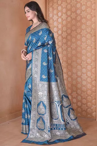  blue traditional prints art silk woven saree comes with matching blouse