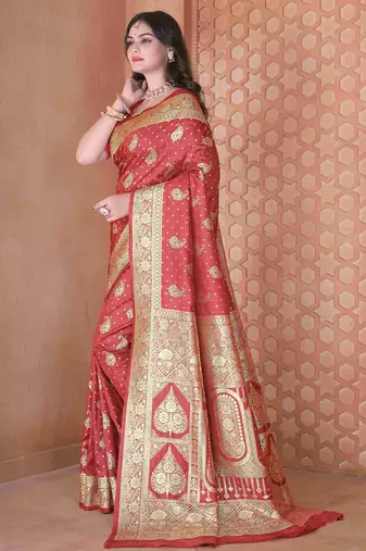  maroon traditional prints art silk woven saree comes with matching blouse