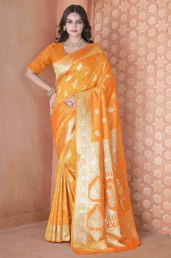  mustard traditional prints art silk woven saree comes with matching blouse