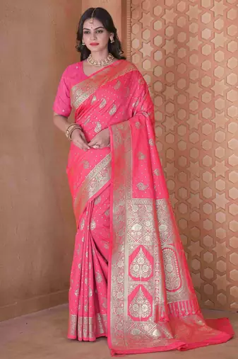  pink traditional prints art silk woven saree comes with matching blouse