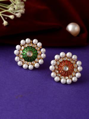 Set of 2 gold plated green & orange meenakari pearl beaded finger ring 2