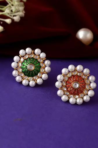Set of 2 gold plated green & orange meenakari pearl beaded finger ring